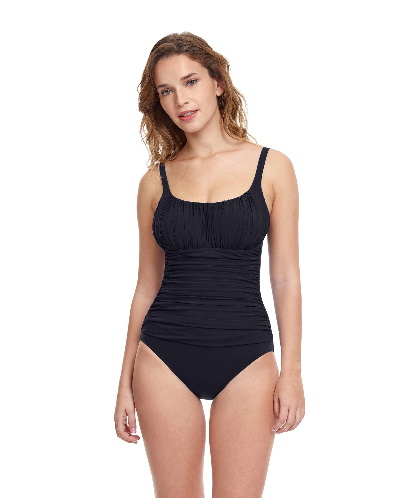 Front View Of Profile By Gottex Tutti Frutti Peasant Shirred One Piece Swimsuit | PROFILE TUTTI FRUTTI BLACK