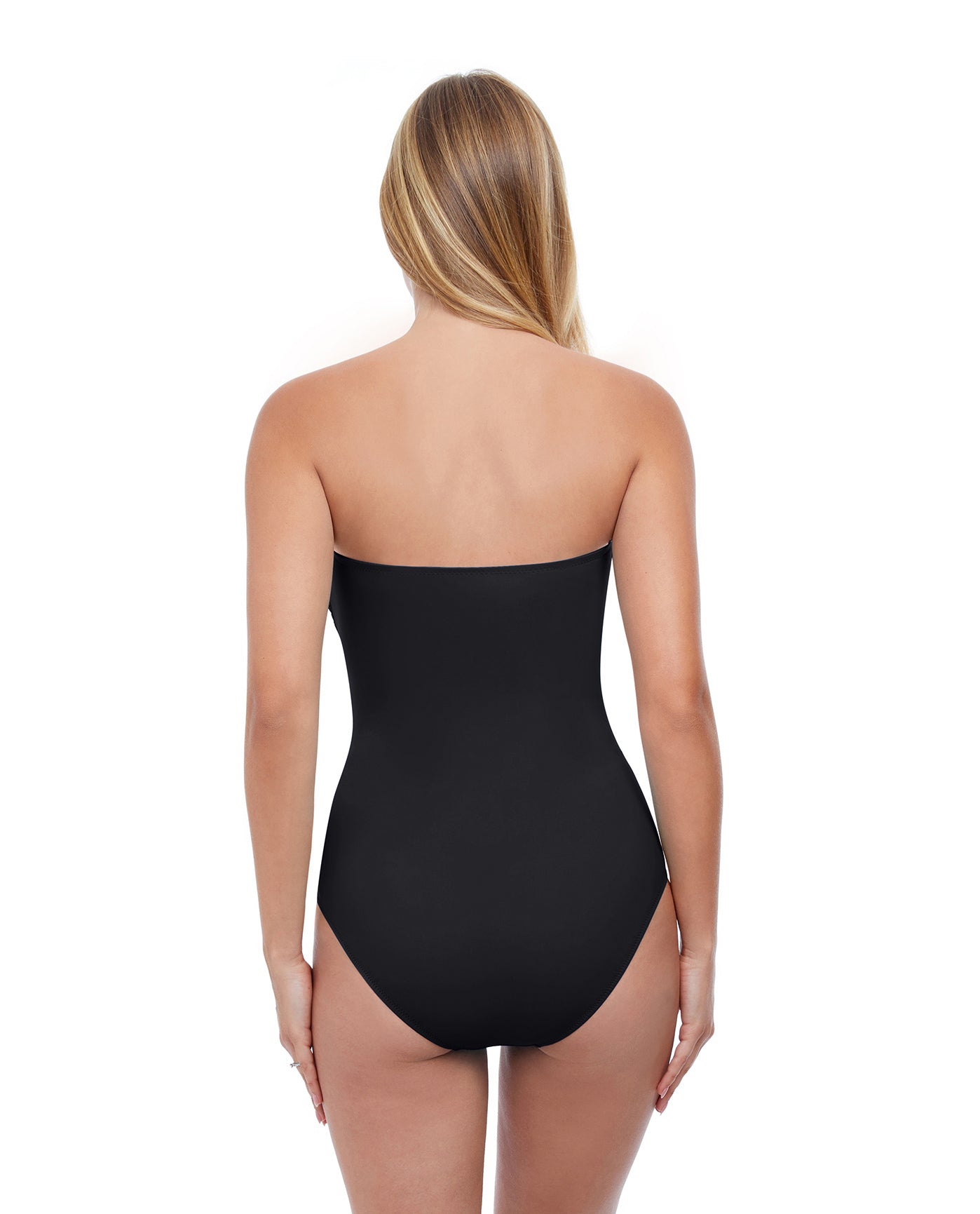 Back View Of Profile By Gottex Tutti Frutti Shirred Front Bandeau Strapless One Piece Swimsuit | PROFILE TUTTI FRUTTI BLACK