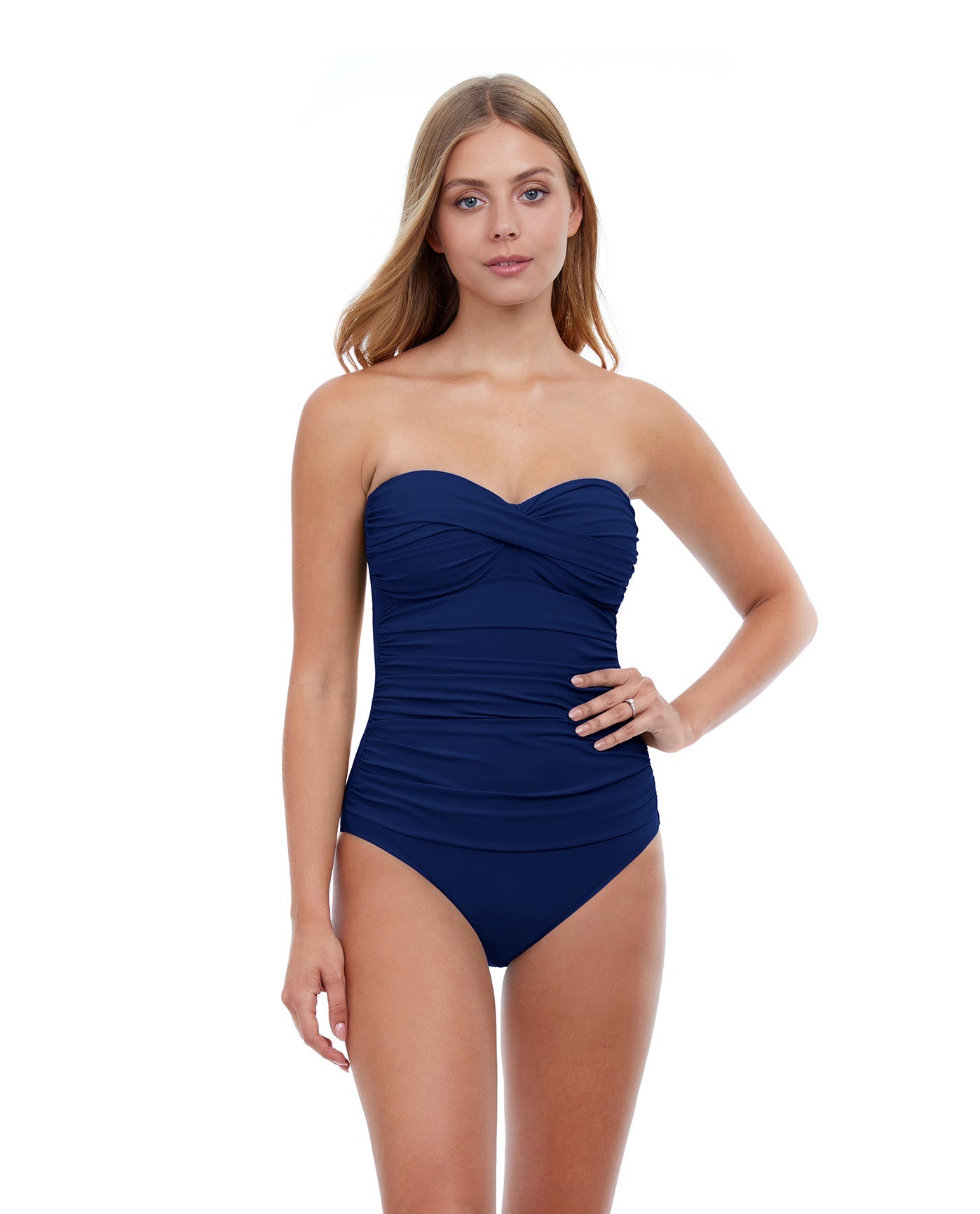 Front View Of Profile By Gottex Tutti Frutti Shirred Front Bandeau Strapless One Piece Swimsuit | PROFILE TUTTI FRUTTI NAVY