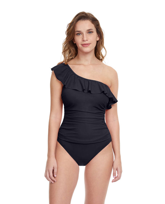 Front View Of Profile By Gottex Tutti Frutti Ruffle One Shoulder One Piece Swimsuit | PROFILE TUTTI FRUTTI BLACK