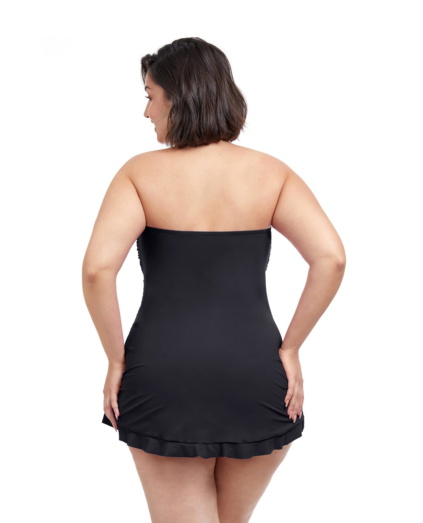 Back View Of Profile By Gottex Tutti Frutti Plus Size Cross Over Bandeau Strapless Swimdress | PROFILE TUTTI FRUTTI BLACK