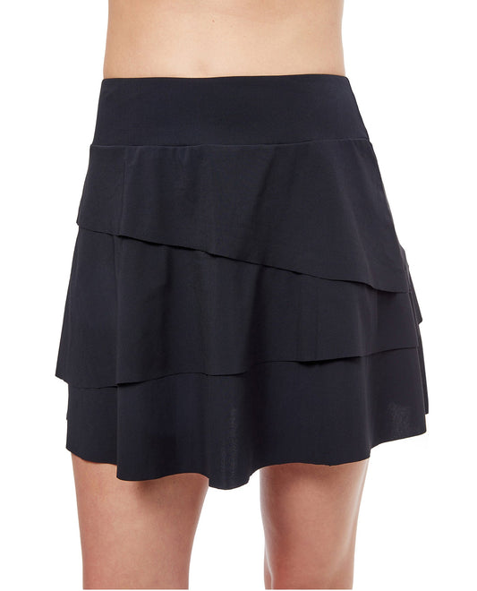 Front View Of Profile By Gottex Tutti Frutti Layered Pull On Skirt Cover Up | PROFILE TUTTI FRUTTI BLACK
