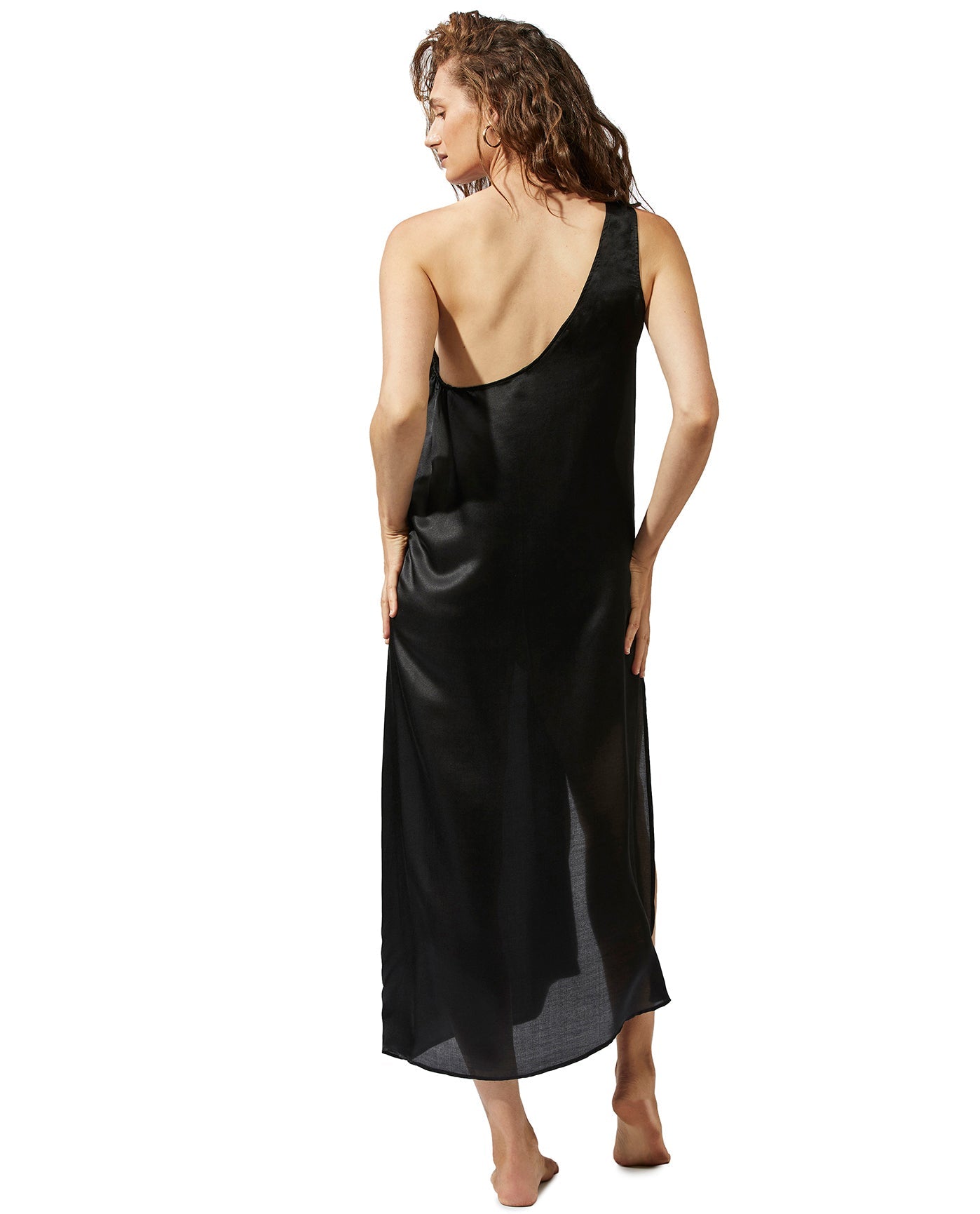 Back View Of Luma One Shoulder Sarong Cover Up Dress | LUMA BLACK