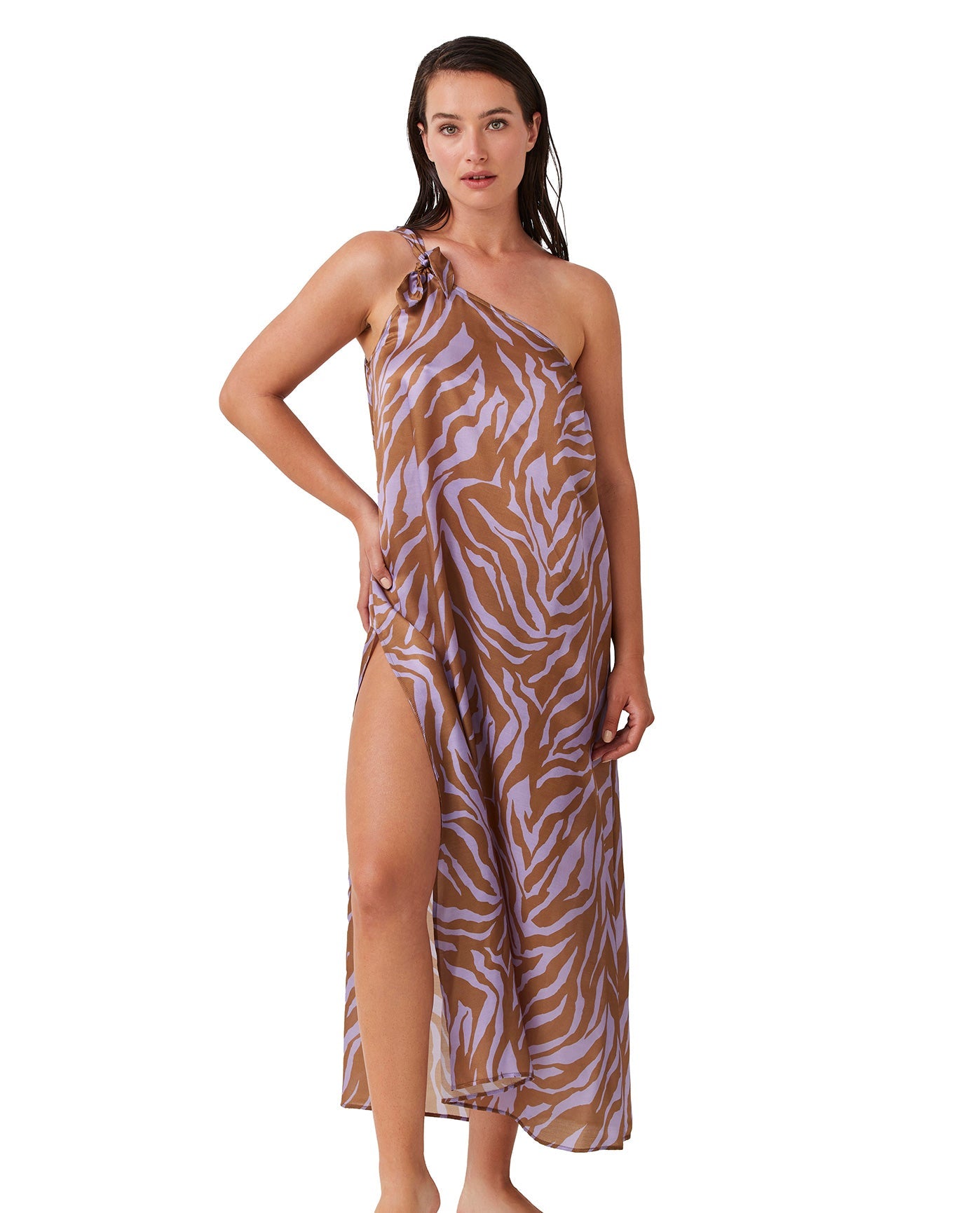 Front View Of Luma One Shoulder Sarong Dress Cover Up | LUMA WILD NOSTALGIA LILAC AND MUSTARD