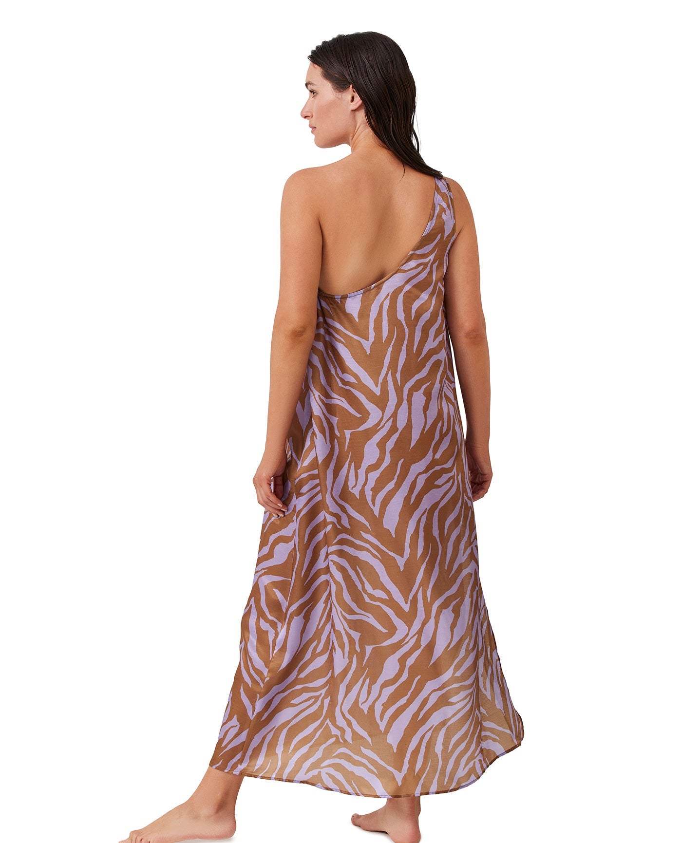 Back View Of Luma One Shoulder Sarong Dress Cover Up | LUMA WILD NOSTALGIA LILAC AND MUSTARD