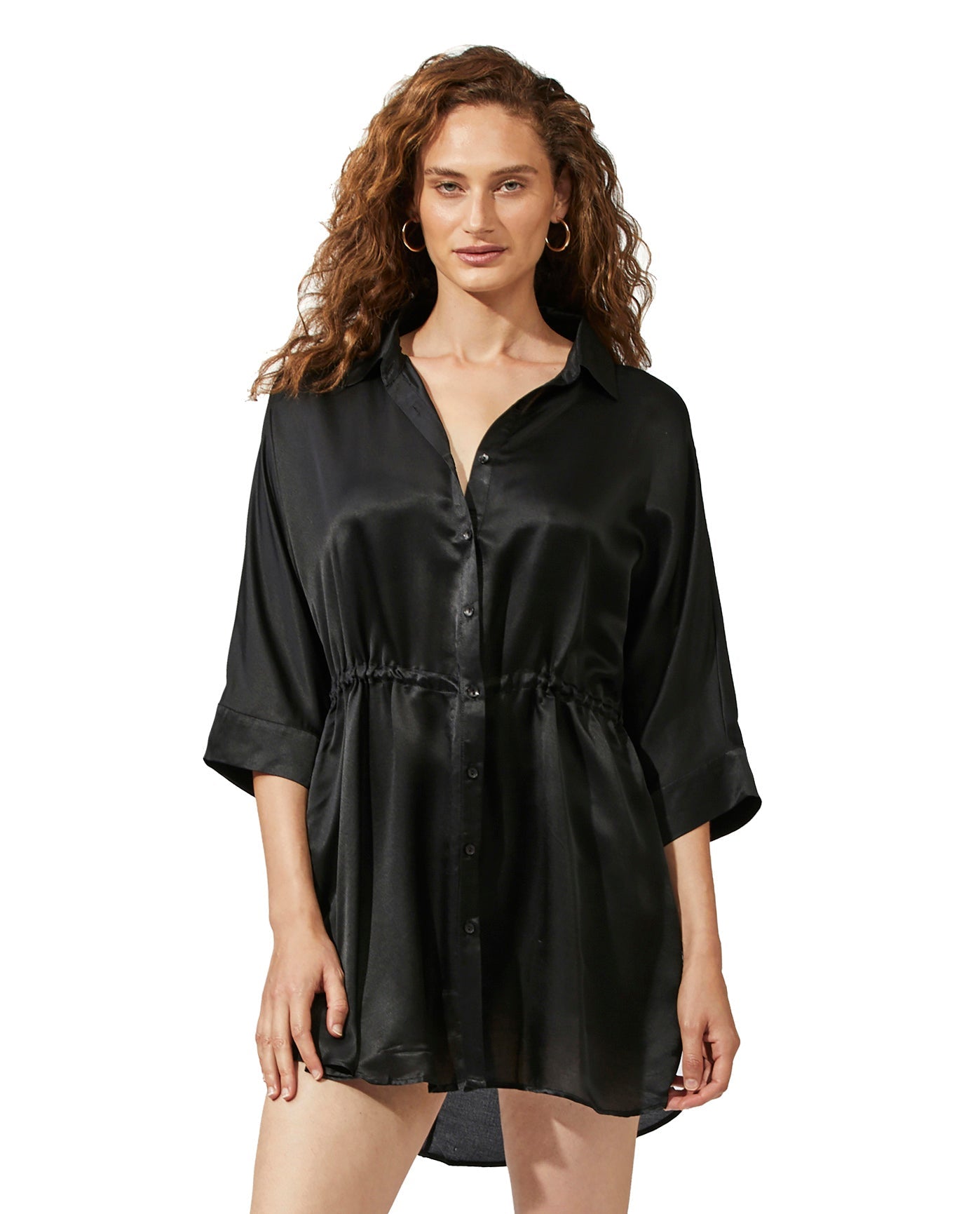 Front View Of Luma Buttoned Cover Up Blouse | LUMA IVY BLACK