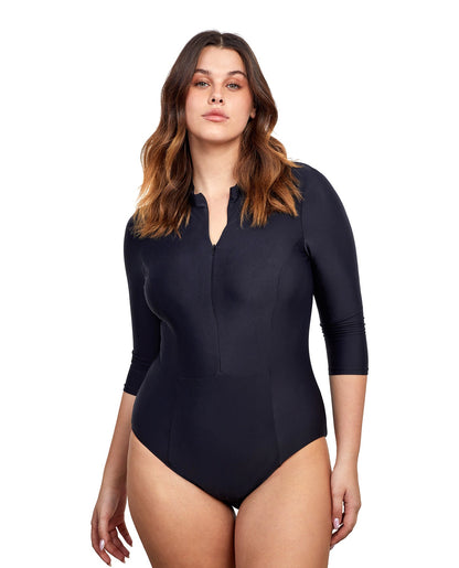 Front View Of Gottex Modest High Neck Long Sleeve One Piece Swimsuit | GOTTEX MODEST BLACK