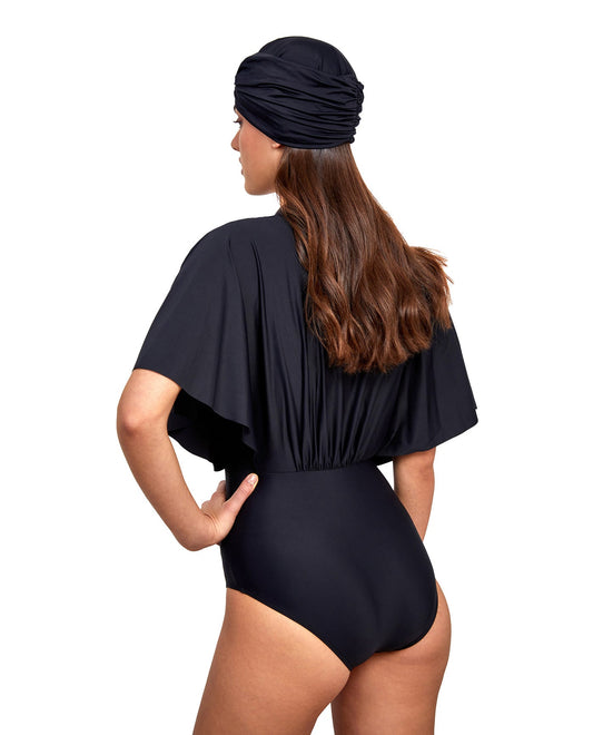 Back View Of Gottex Modest V-Neck Wide Sleeve One Piece Swimsuit | GOTTEX MODEST BLACK