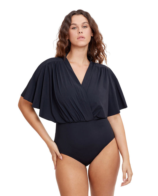 Front View Of Gottex Modest V-Neck Wide Sleeve One Piece Swimsuit | GOTTEX MODEST BLACK