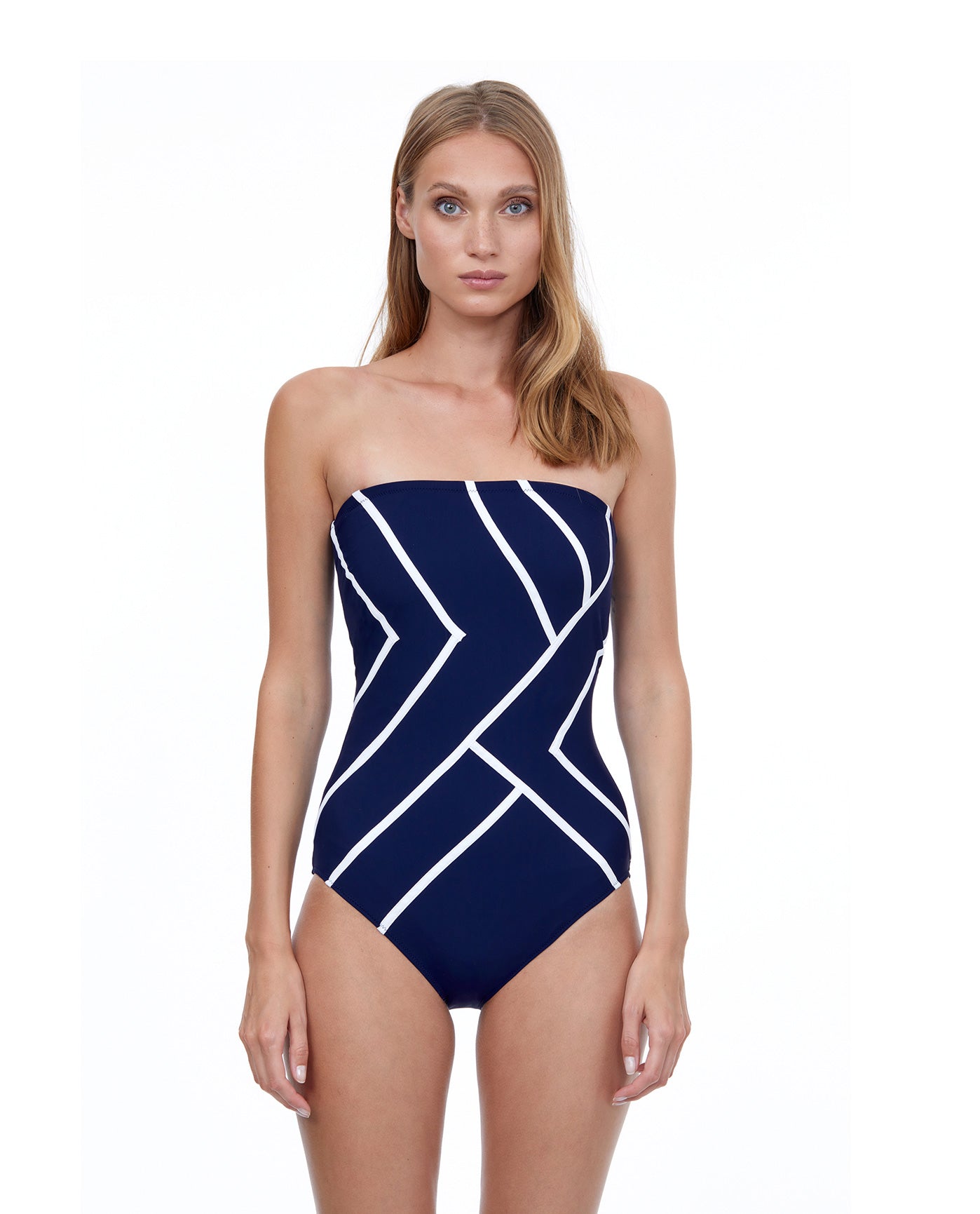 Front View Of Gottex Essentials Mirage Bandeau One Piece Swimsuit | Gottex Mirage Navy And White