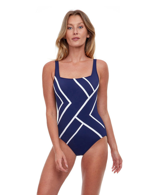 Front View Of Gottex Essentials Mirage Full Coverage Square Neck One Piece Swimsuit | Gottex Mirage Navy And White