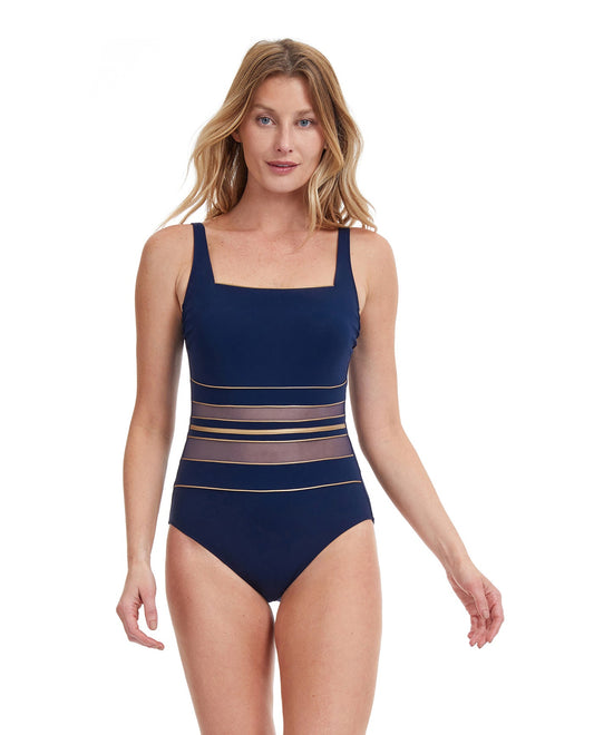Front View Of Gottex Essentials Onyx Square Neck One Piece Swimsuit | Gottex Onyx Navy And Gold
