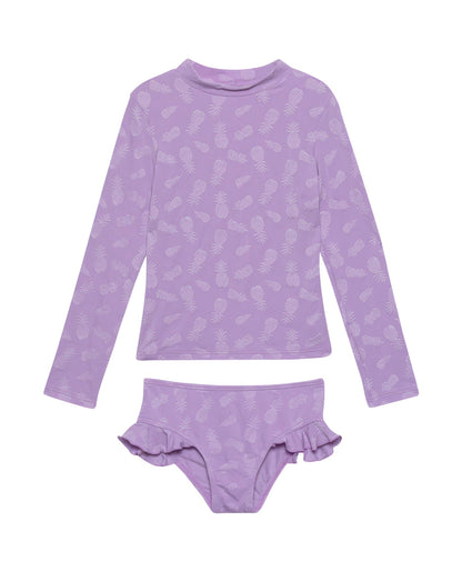 Front View Of Gottex Kids Pineapple Long Sleeve Rash Guard Top And Bikini Bottom | GOTTEX KIDS PINEAPPLE PURPLE