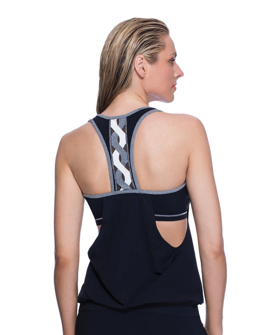 Back View Of Free Sport Dna D-Cup Blouson Y-Back Tankini Top | FREE SPORT DNA BLACK AND WHITE