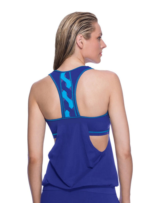 Back View Of Free Sport Dna D-Cup Blouson Y-Back Tankini Top | FREE SPORT DNA INDIGO