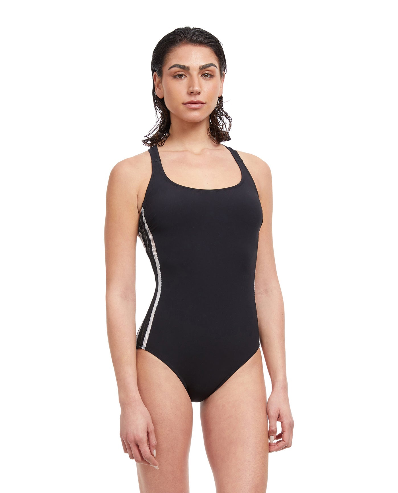 Front View Of Free Sport Upstream Round Neck Y-Back One Piece Swimsuit | FREE SPORT UPSTREAM BLACK