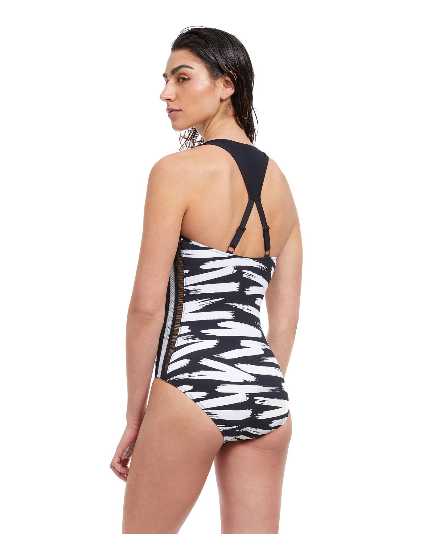 Back View Of Free Sport Upstream Round Neck Y-Back One Piece Swimsuit | FREE SPORT UPSTREAM BLACK AND WHITE
