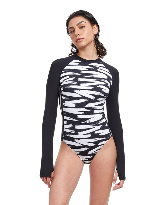 Front View Of Free Sport Upstream Long Sleeve High Neck Rash Guard One Piece Swimsuit | FREE SPORT UPSTREAM BLACK AND WHITE