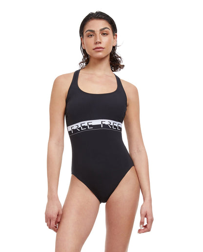 Front View Of Free Sport Free Mindset Round Neck Y-Back One Piece Swimsuit | FREE SPORT FREE MINDSET
