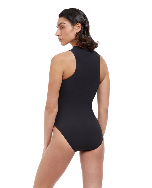 Back View Of Free Sport Free Mindset High Neck High Back Zippered One Piece Swimsuit | FREE SPORT FREE MINDSET