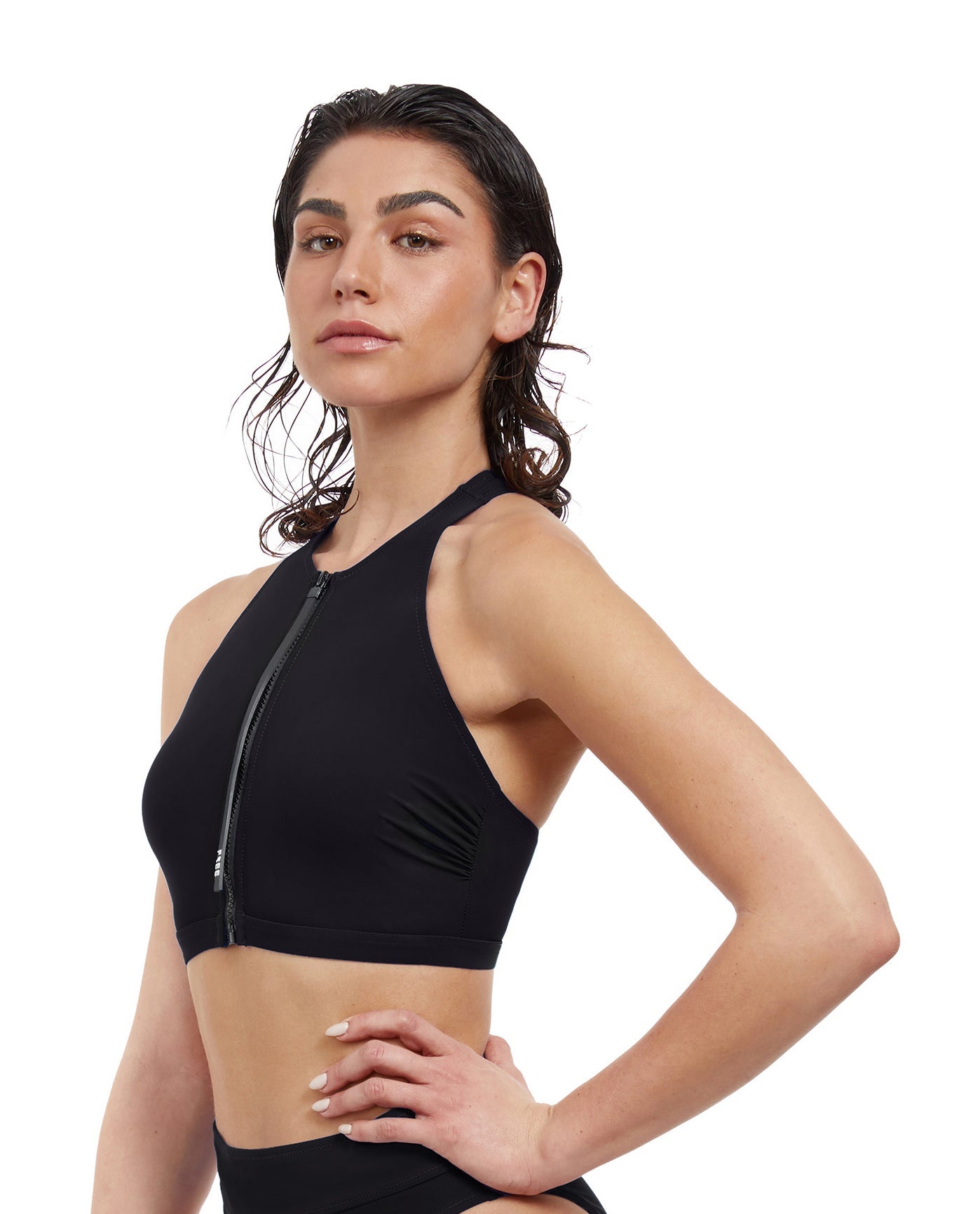 Side View View Of Free Sport Ultimate Wave High Neck V-Back Bikini Top | FREE SPORT ULTIMATE WAVE BLACK