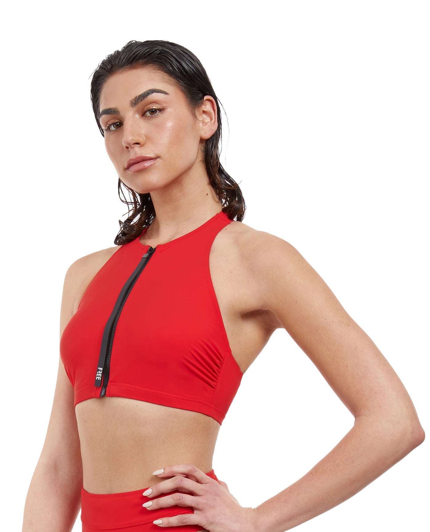 Side View View Of Free Sport Ultimate Wave High Neck V-Back Bikini Top | FREE SPORT ULTIMATE WAVE RED
