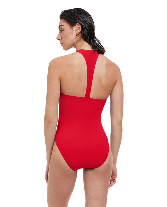 Back View Of Free Sport Ultimate Wave High Neck Y-Back Zipper One Piece Swimsuit | FREE SPORT ULTIMATE WAVE RED