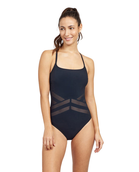 Front View Of Free Sport Bond Girl Round Neck Strappy One Piece Swimsuit | FREE SPORT BOND GIRL