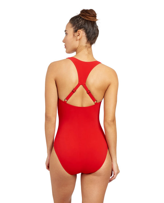 Back View Of Free Sport Sprint Round Neck Y-Back Zipper One Piece Swimsuit | FREE SPORT SPRINT TOMATO